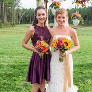 Plum, Sangria, Purple lace and satin keyhole back bridesmaid dress